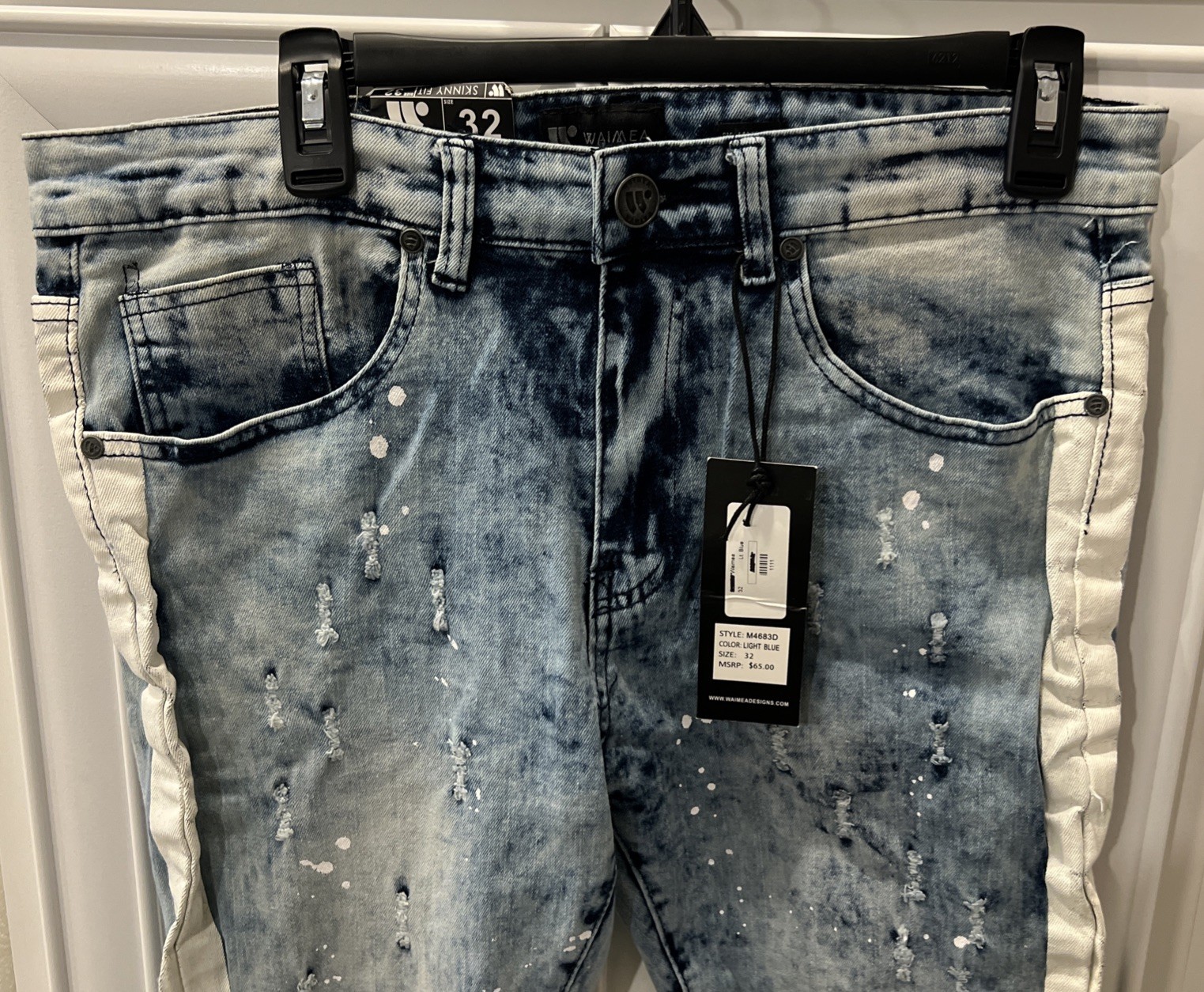 WAIMEA Lt. Blue/White Stripe Distressed Stretch Denim Mens Skinny Fit 32×32 NEW