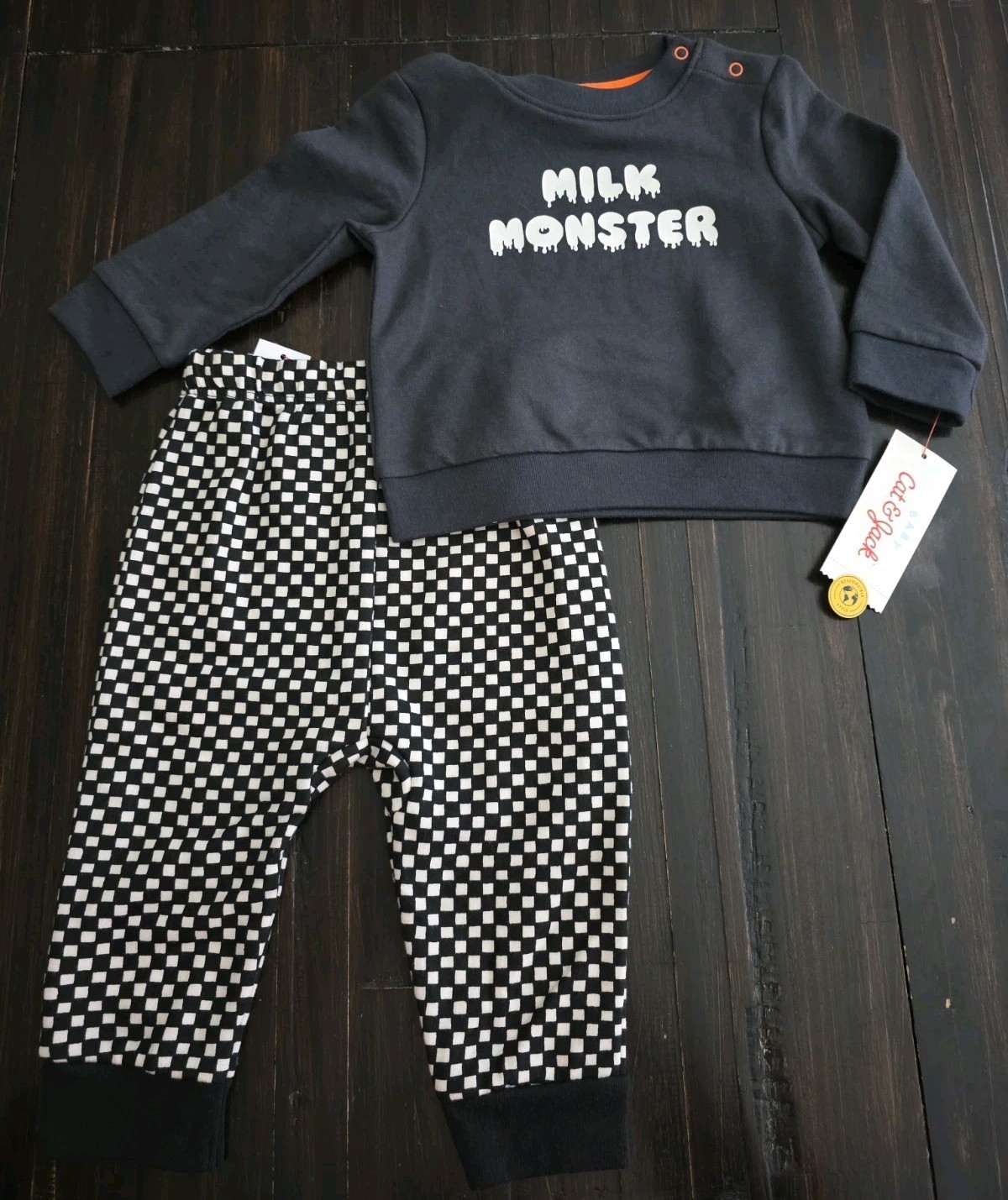Cat & Jack 6/9 Months MILK MONSTER 2pc Outfit Sweatshirt & Checked Pants Set NWT