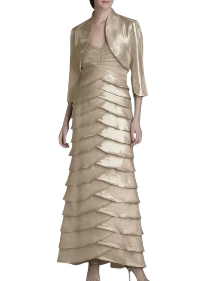 ADRIANNA PAPELL Champagne Gold COCKTAIL DRESS MOTB Tiered Long w/Bolero Jacket 4