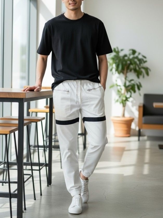 Henry & William Mens Small White Jogger Jeans W/ Black Stripe Detail