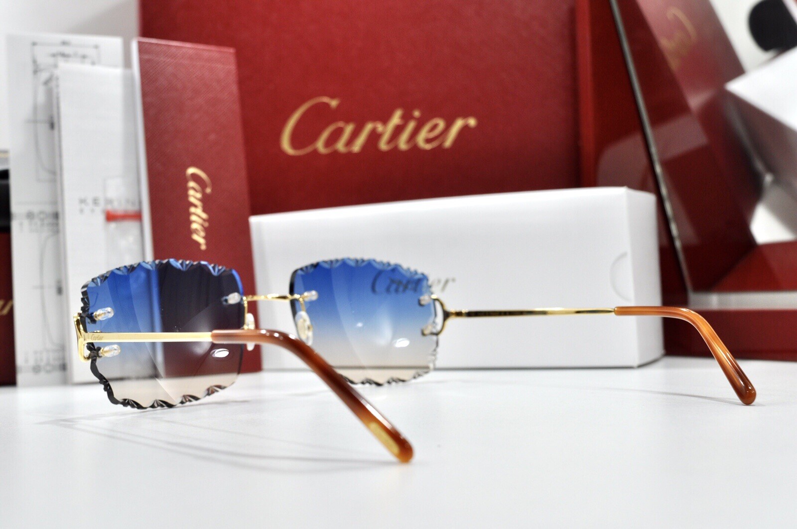 New Cartier rimless sunglasses fred glasses Diamond Cut decor BIG C gold Frame