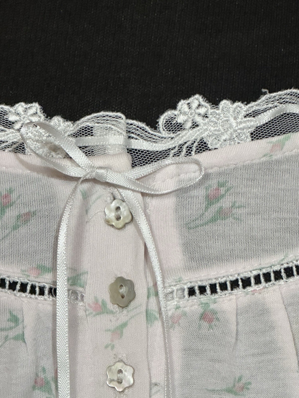 Eileen West Cotton Knit Nightgown Medium Pink Floral Lace Button Front