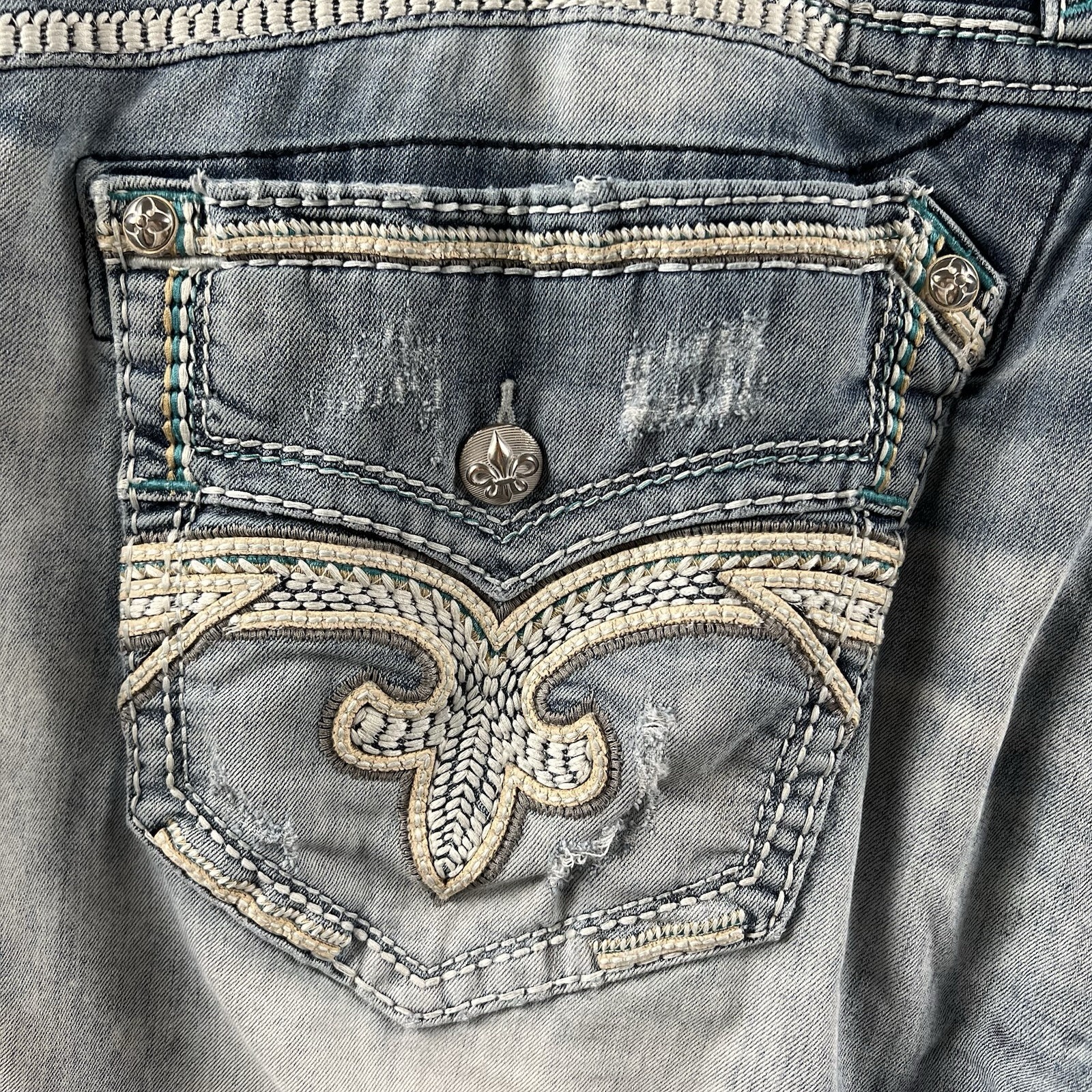 Rock Revival Feeney Jeans Mens 44×34 Light Wash Distressed Denim Relaxed Fit Y2K