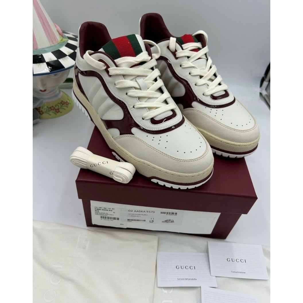 Men’s Gucci re-web sneakers in white leather and patent trim sz 11 fits 11.5 US