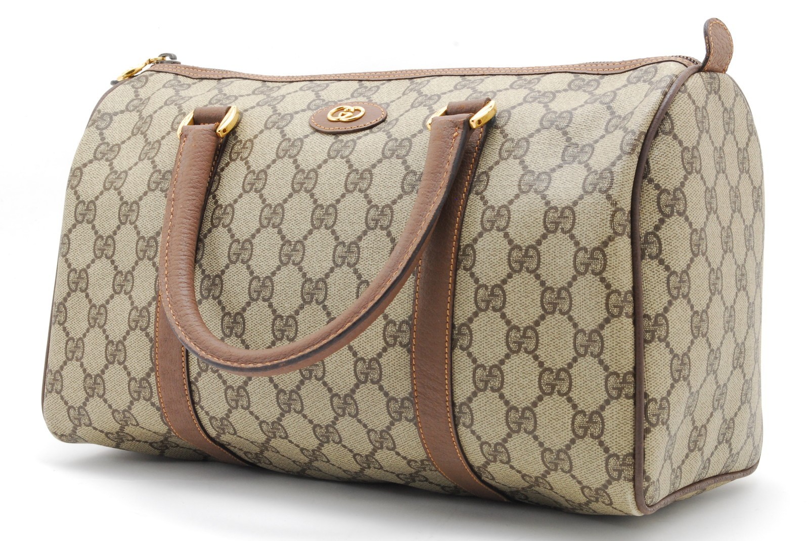 Gucci GG Supreme Canvas Leather Boston Bag Beige Brown