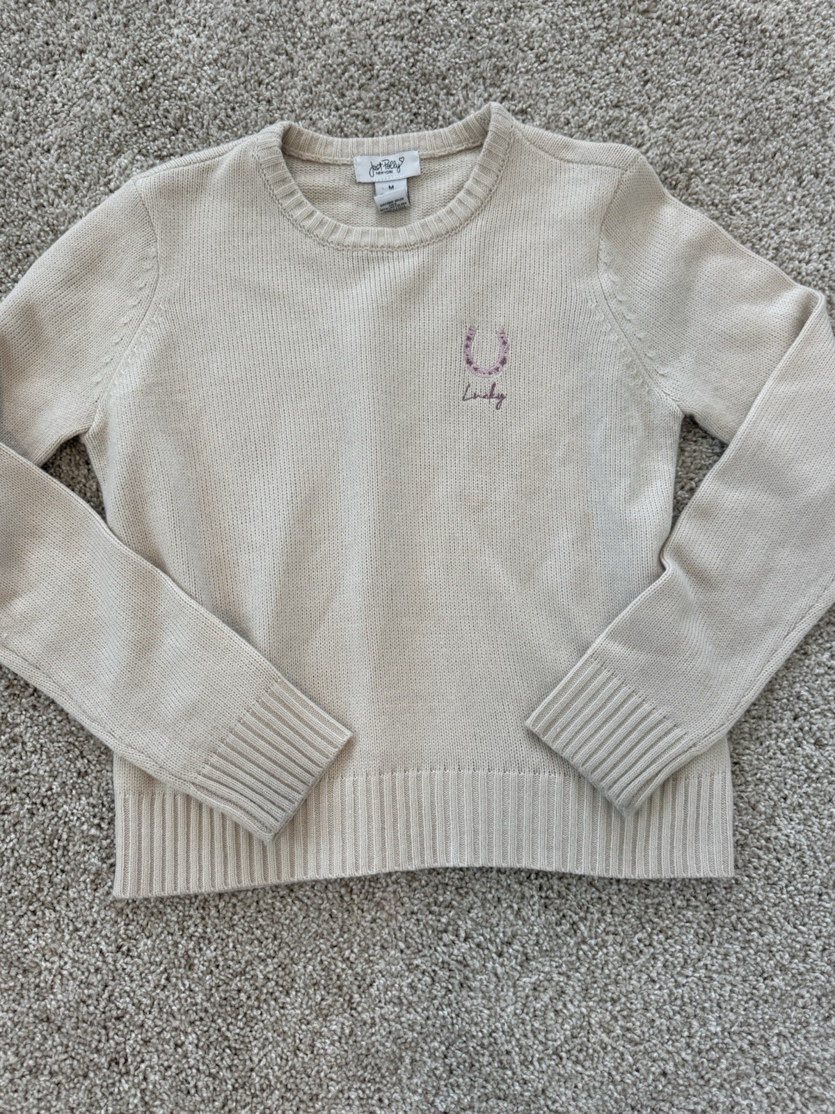 Just Polly New York Women’s M Beige Ribbed Knit Crewneck Raglan Lucky Sweater