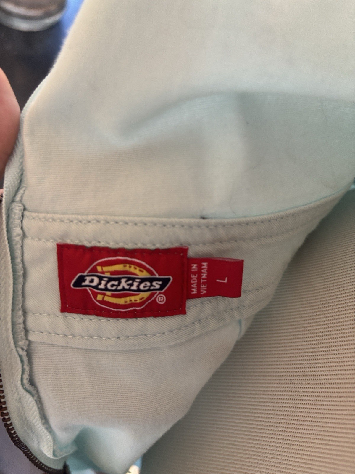 Dickies Light Blue Denim Overall Mini Dress Square Neck Zip Pockets Logo L