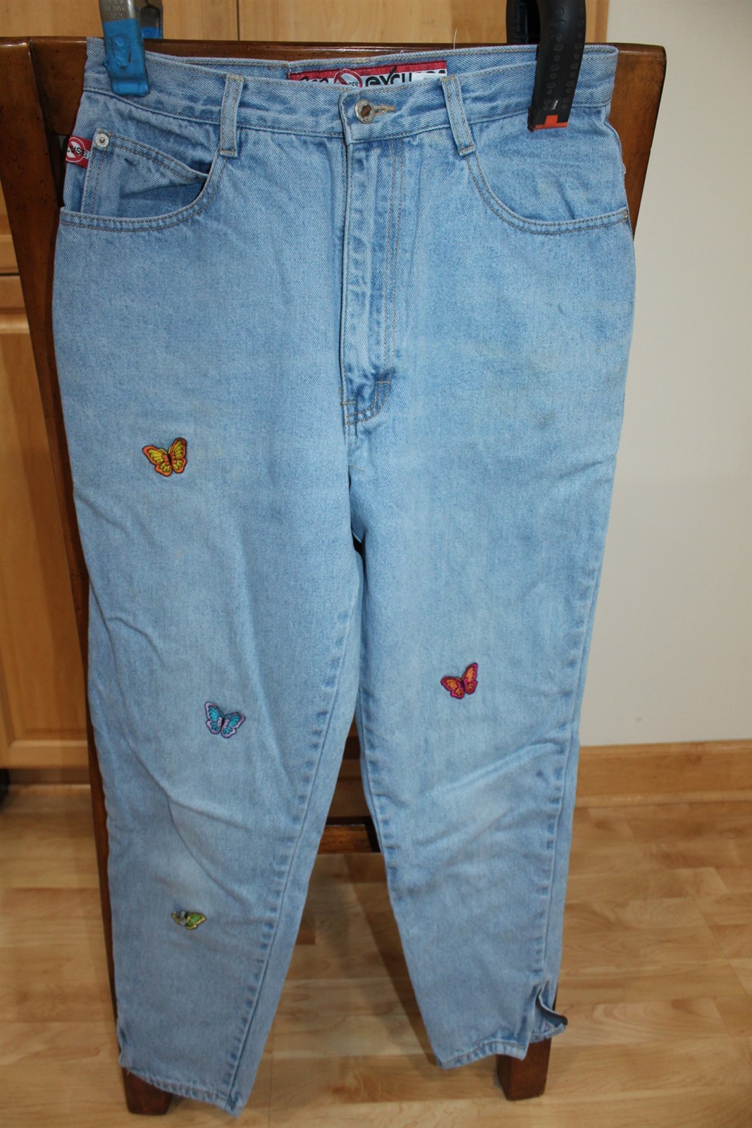 Women’s No Excuses Jeans Blue Denim Retro High Waist Cuff Zippers Size 13/14