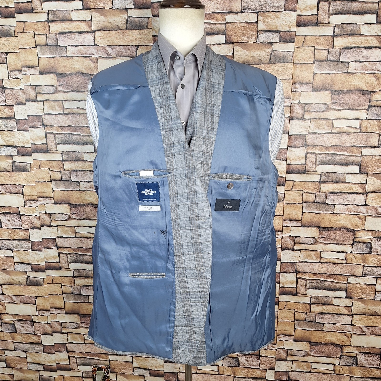 Hart Schaffner Marx Sport Coat Jacket Mens 52R Light Gray Plaid Wool Chicago VL