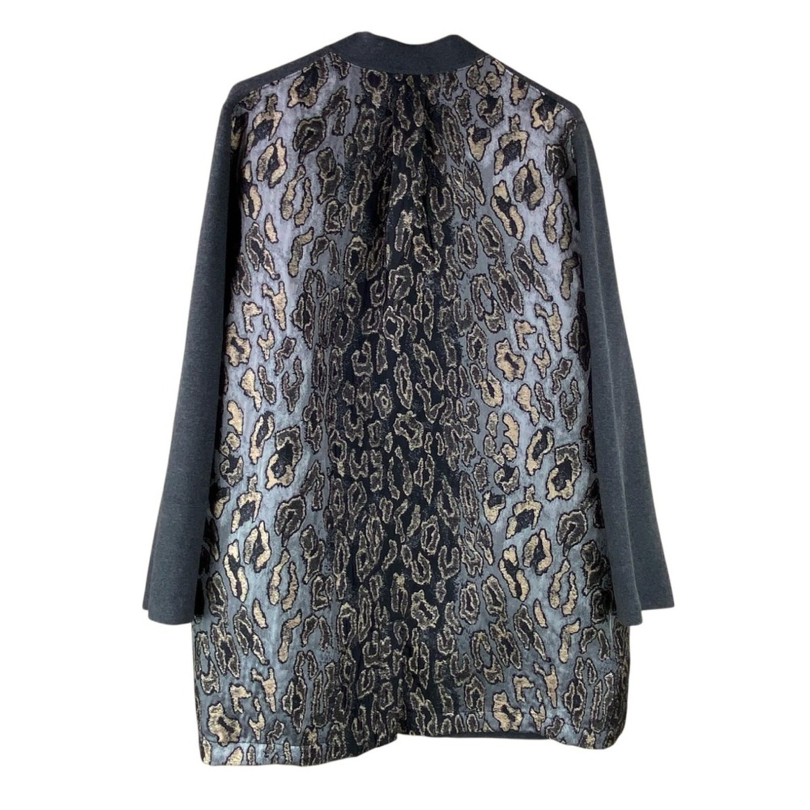 Chico’s Open Front Cardigan Sweater Size 16/XL Gray Front Metallic Leopard Back