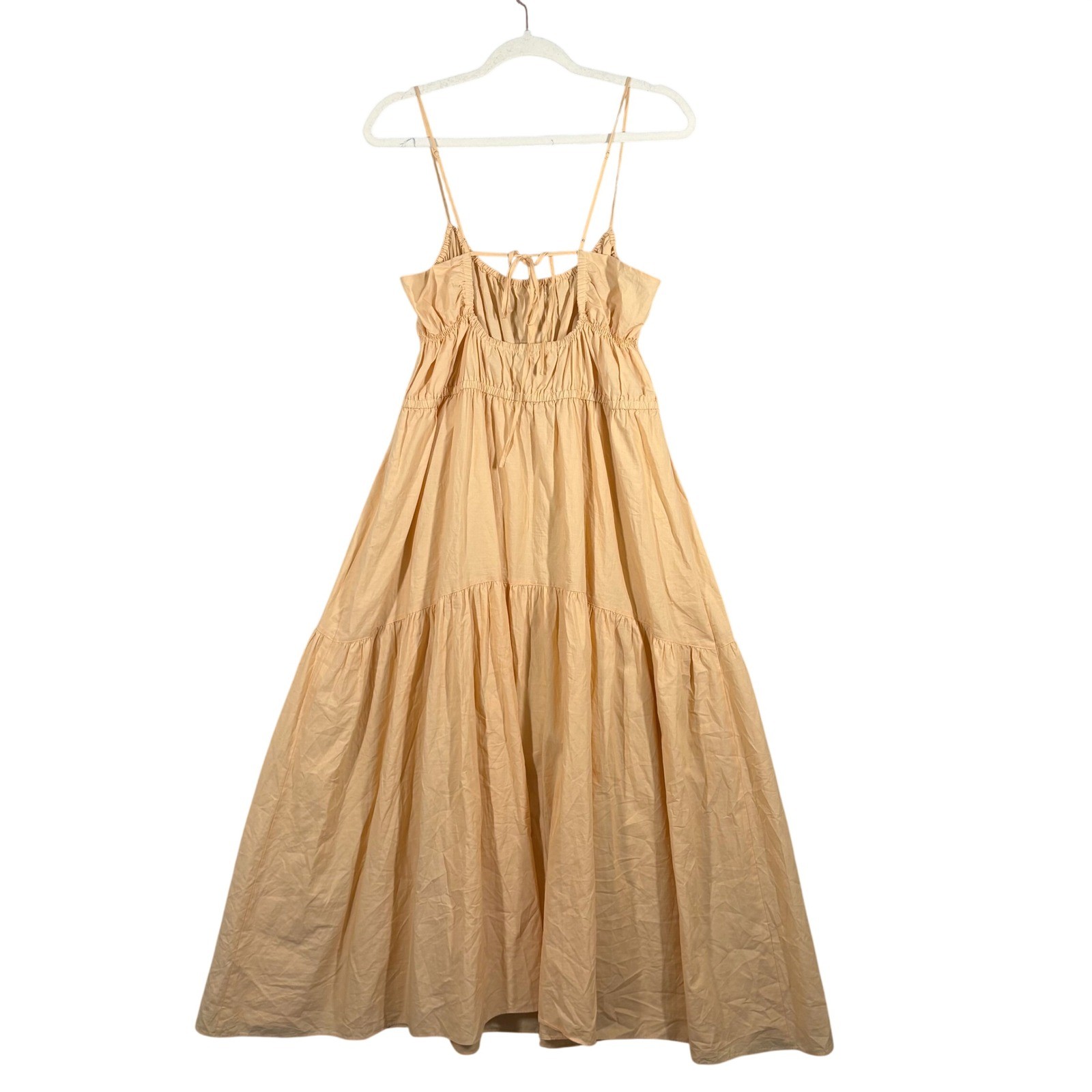 Vince Tie Back Camisole Midi Dress Peach Cotton Hemp Tiered XL Smocked Open Back