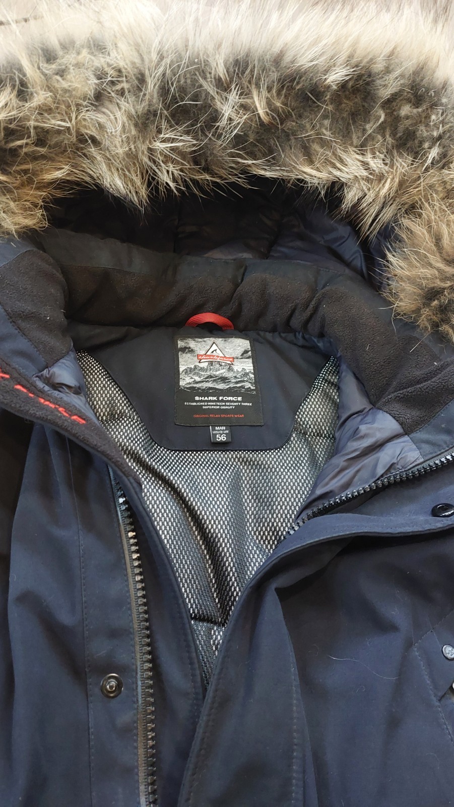 Shark Force Men’s Black Hooded Down Parka Coat w/ Fur Trim, Size L