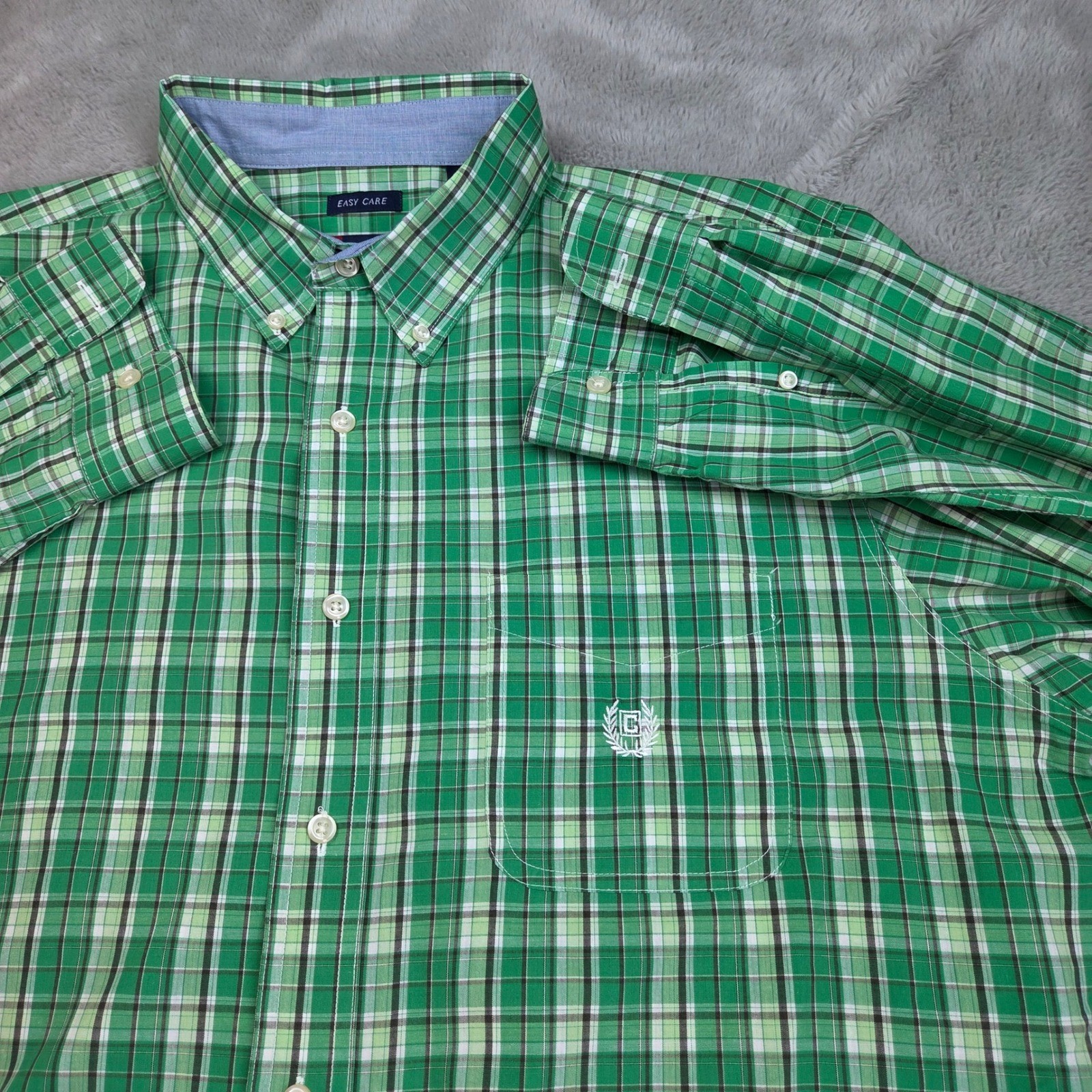 Chaps Button Down Shirt Mens XL Green Plaid Long Sleeve Easy Care Cotton Blend
