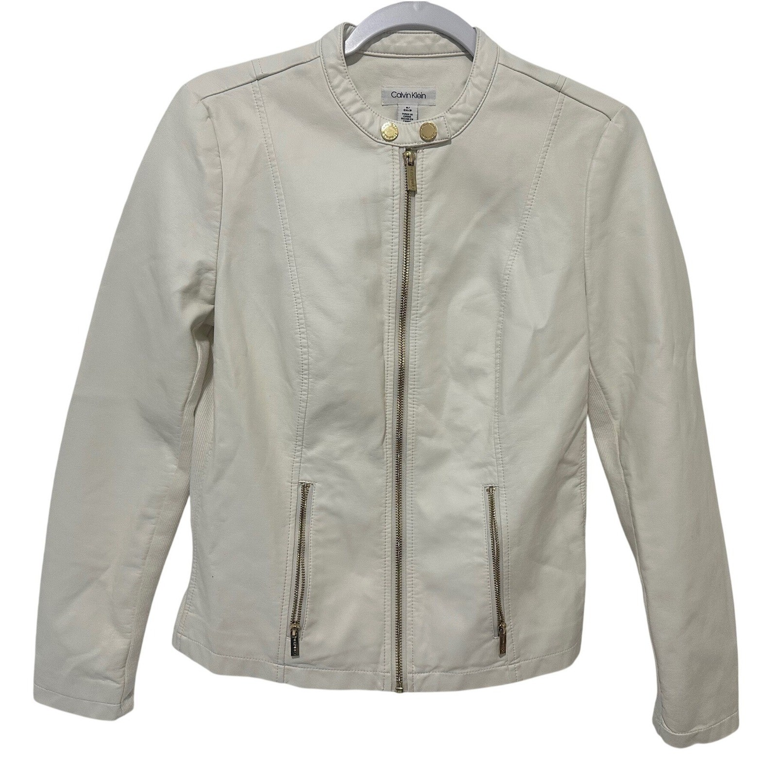 Calvin Klein Faux Leather Moto Jacket Women Small Cream Good Gold Zip