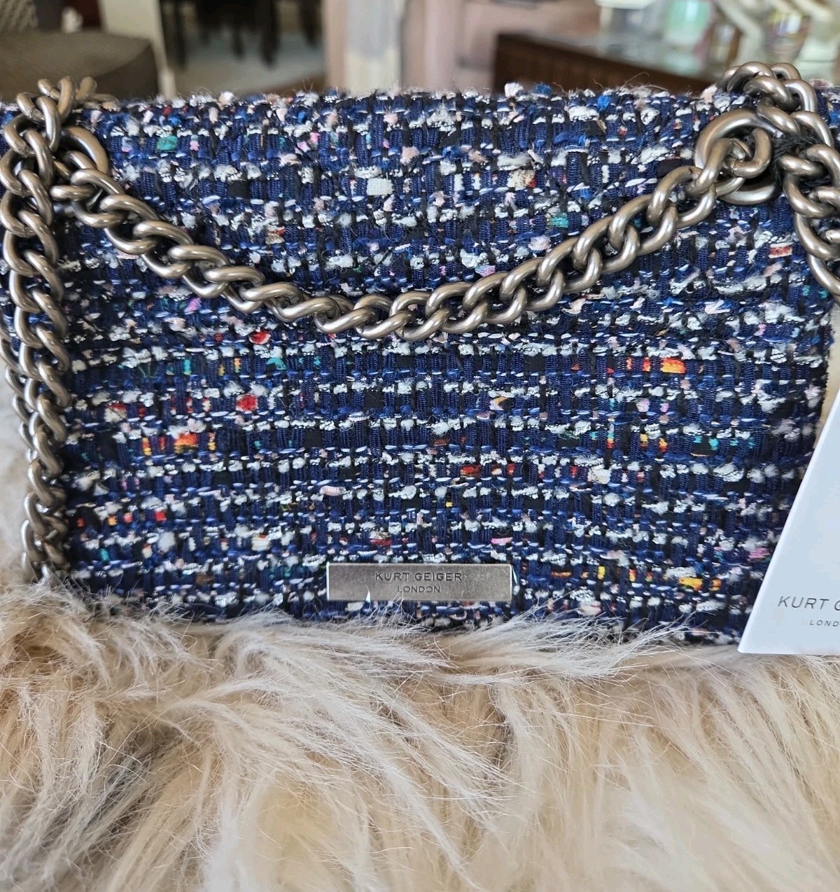 Kurt Geiger Mini Kensington Tweed Metallic Dark Multi Color Blue Bag NWT