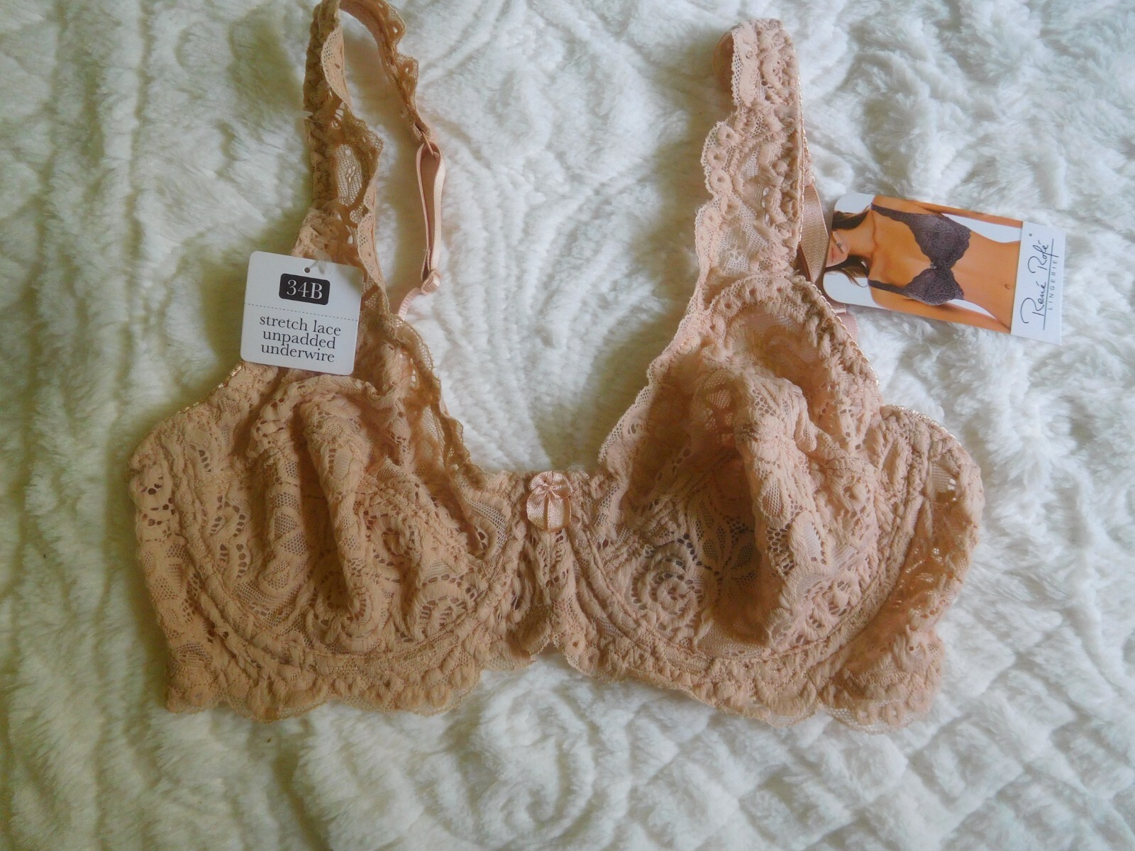 NWT! Rene Rofe Beige Stretch Lace Unlined Underwire Bra 34B