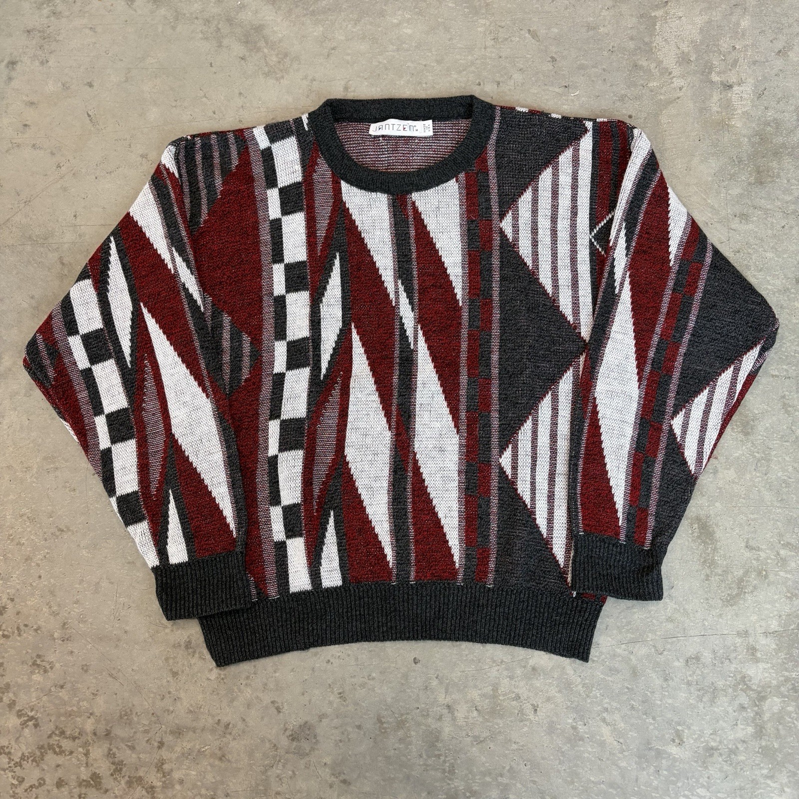 Vintage 90s Jantzen Geometric Sweater USA Made Multicolor Red White Gray Medium