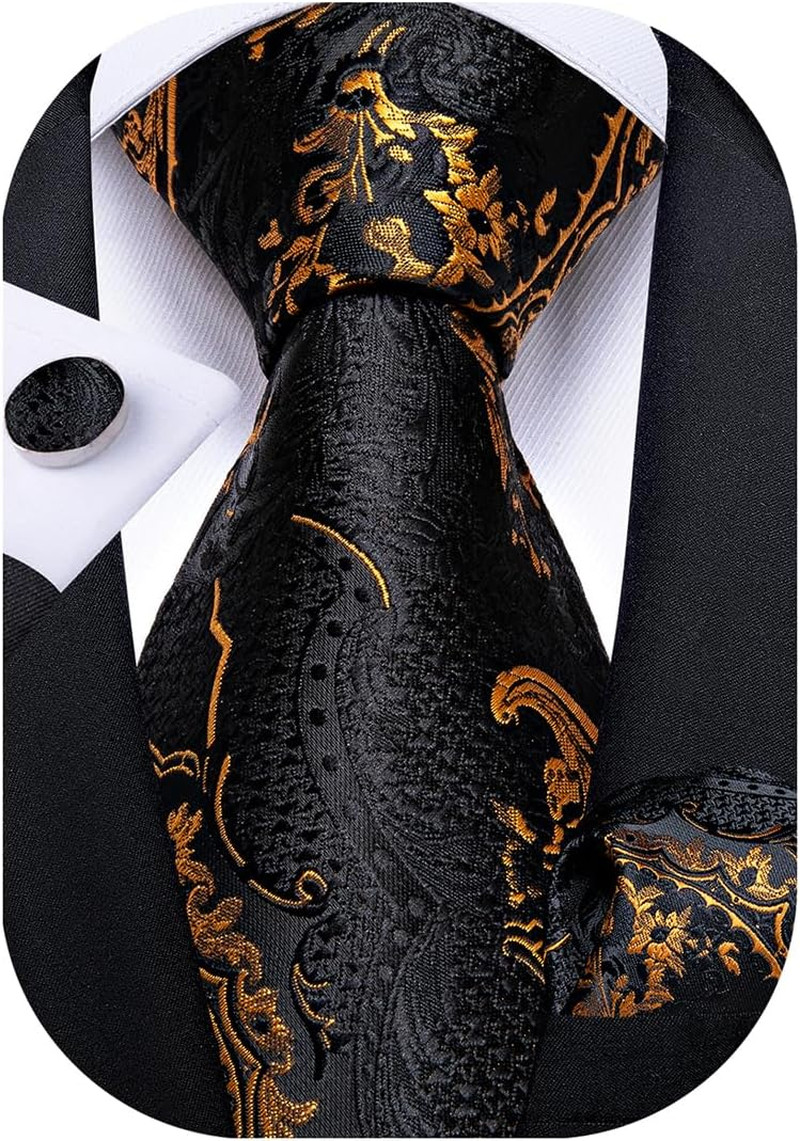 Mens Tie Set Silk Solid Paisley Necktie and Pocket Square Cufflinks Classic Form