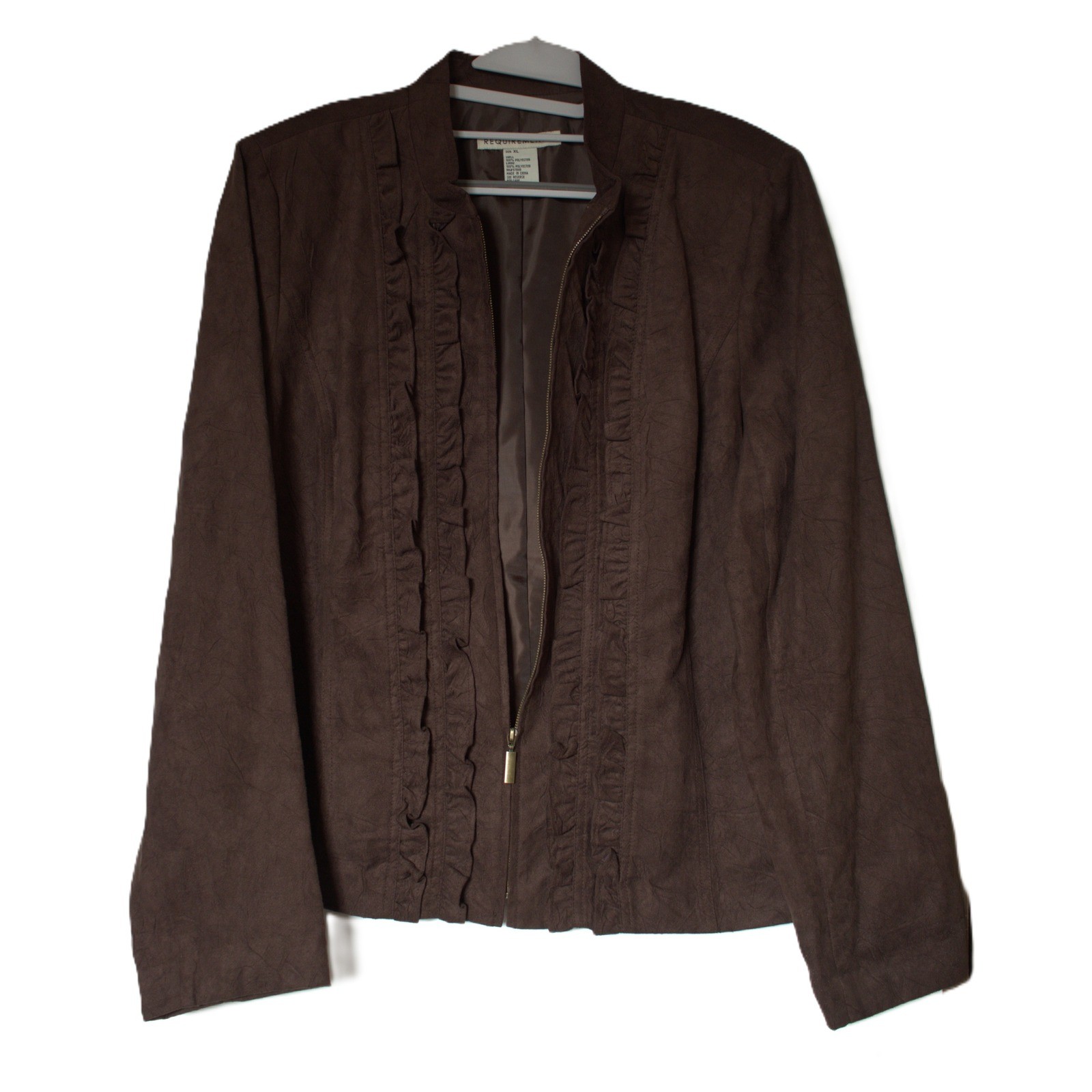 Requirements Womens Brown Faux Suede Ruffle Zip Front Jacket XL NWT