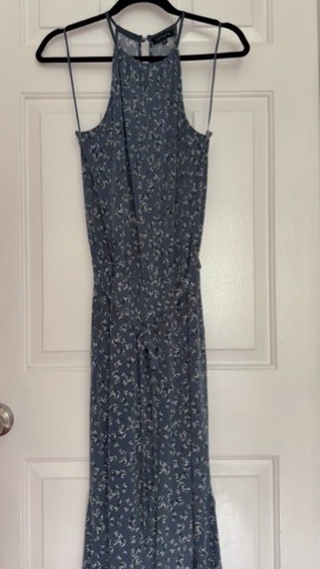 1.STATE Blue Floral Wide Leg Jumpsuit Small Ruffle Overlay High Neck Tie Waist