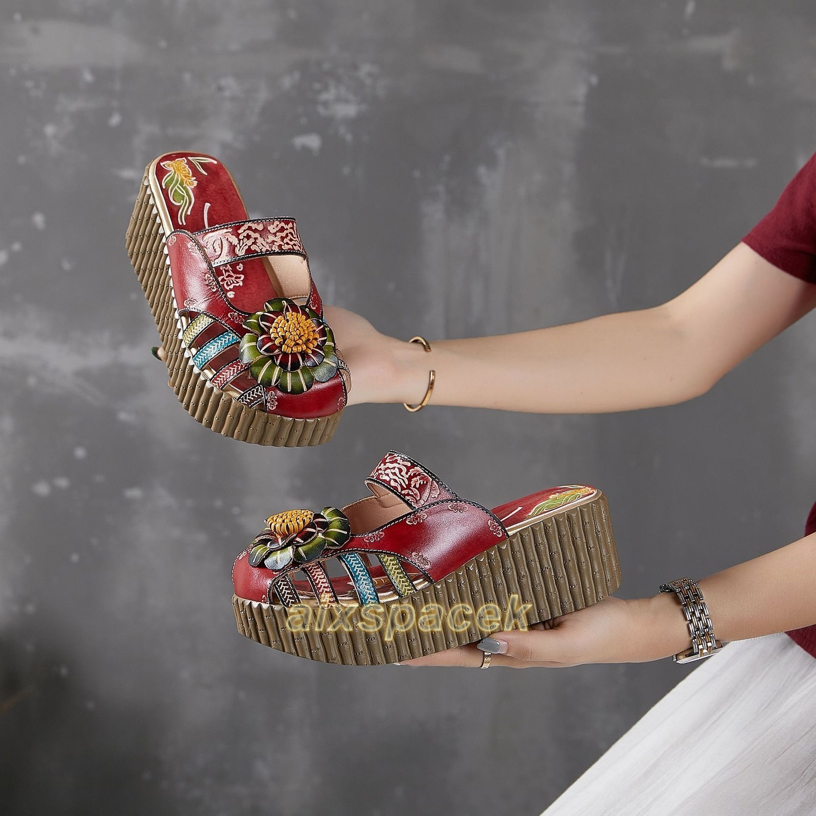 Ladies Ethnic Thick-soled Cowhide Leather Sandals Women Handmade Home Slippers