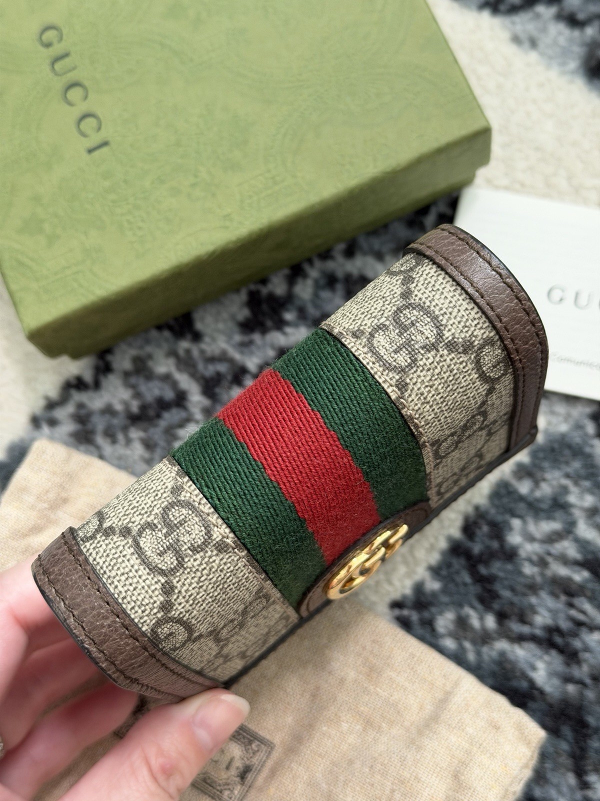 Auth Gucci GG Supreme Ophidia Web Trifold Card Case Wallet