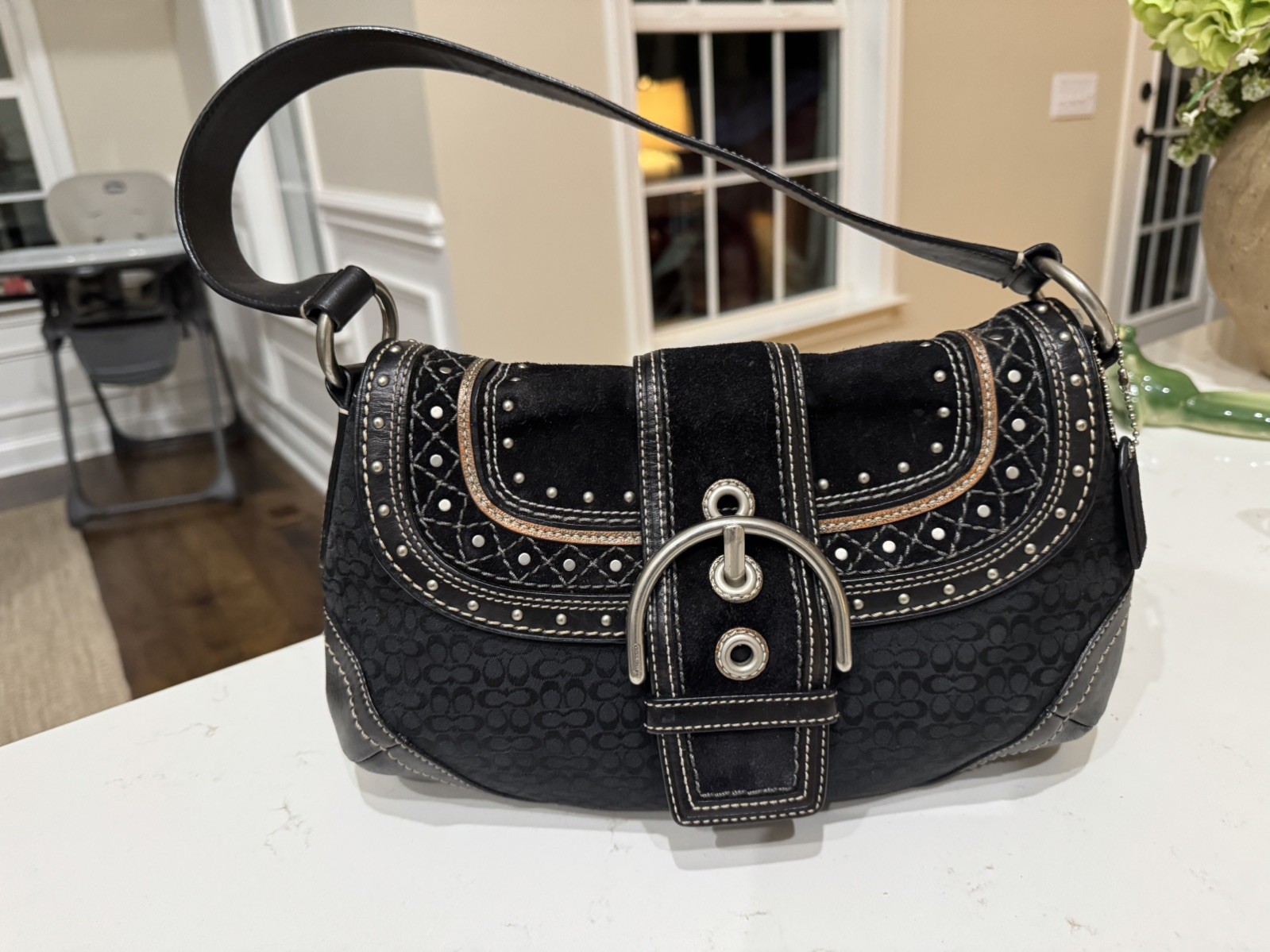 COACH Soho Signature Studs Black Suede Shoulder Bag Authentic Rare Y2K