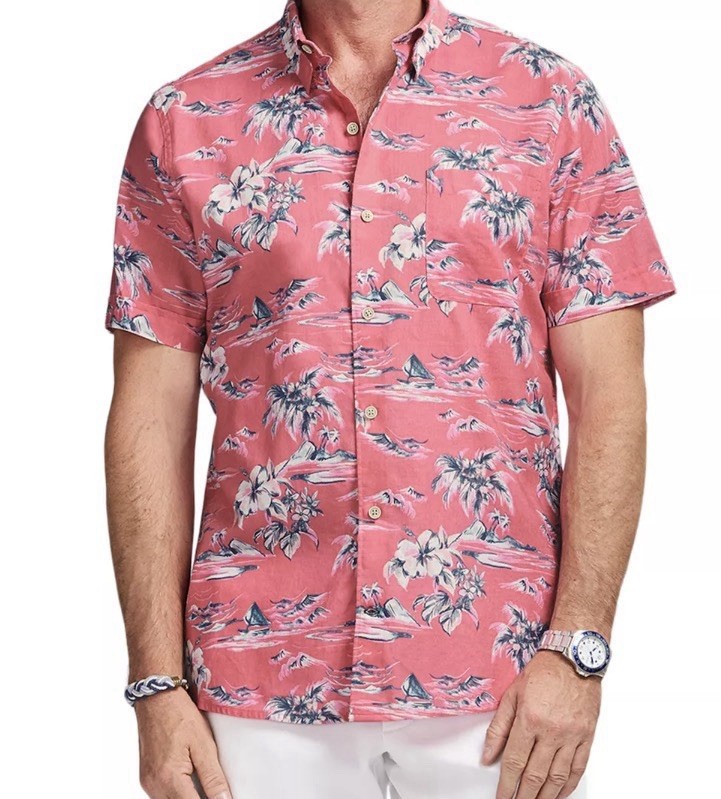 Men’s IZOD Saltwater Short Sleeve Chambray Shirt Tropical Beach Sz XL Pink