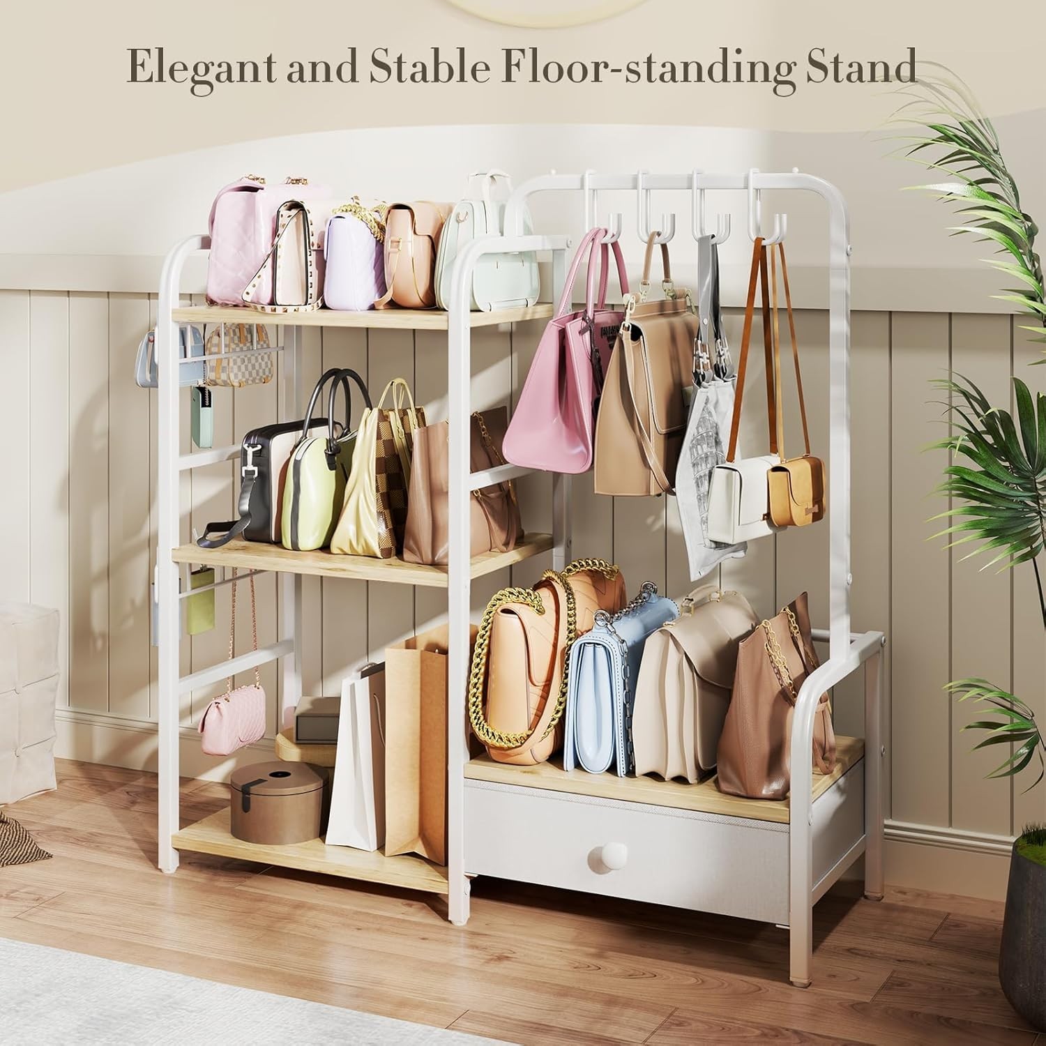 Extra Large Handbag Storage Rack with Hooks & Drawer – Floor-Standing Organizer