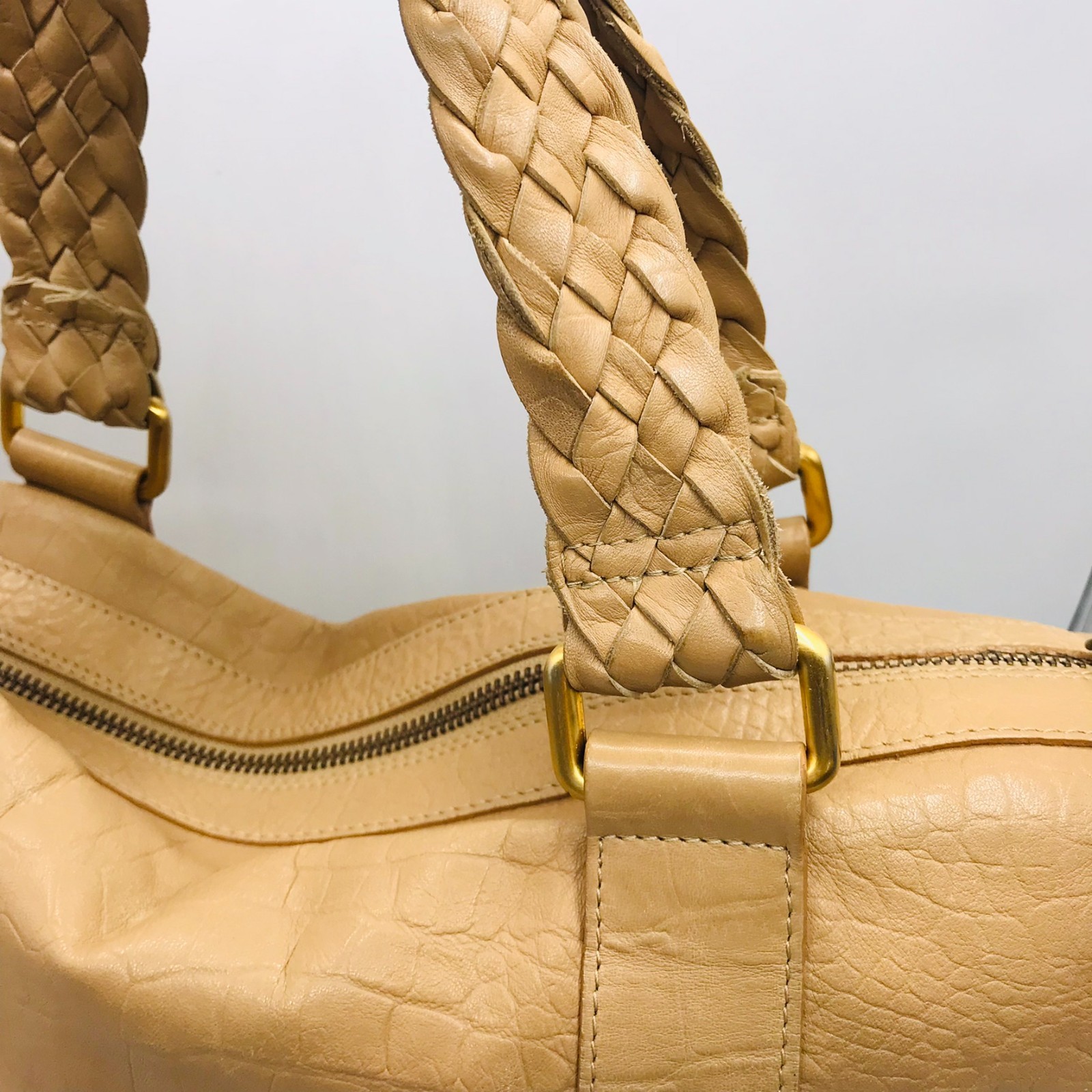 Falor Tan Leather Tote Bag Made In Italy with Woven Handles Embossed Snakeskin