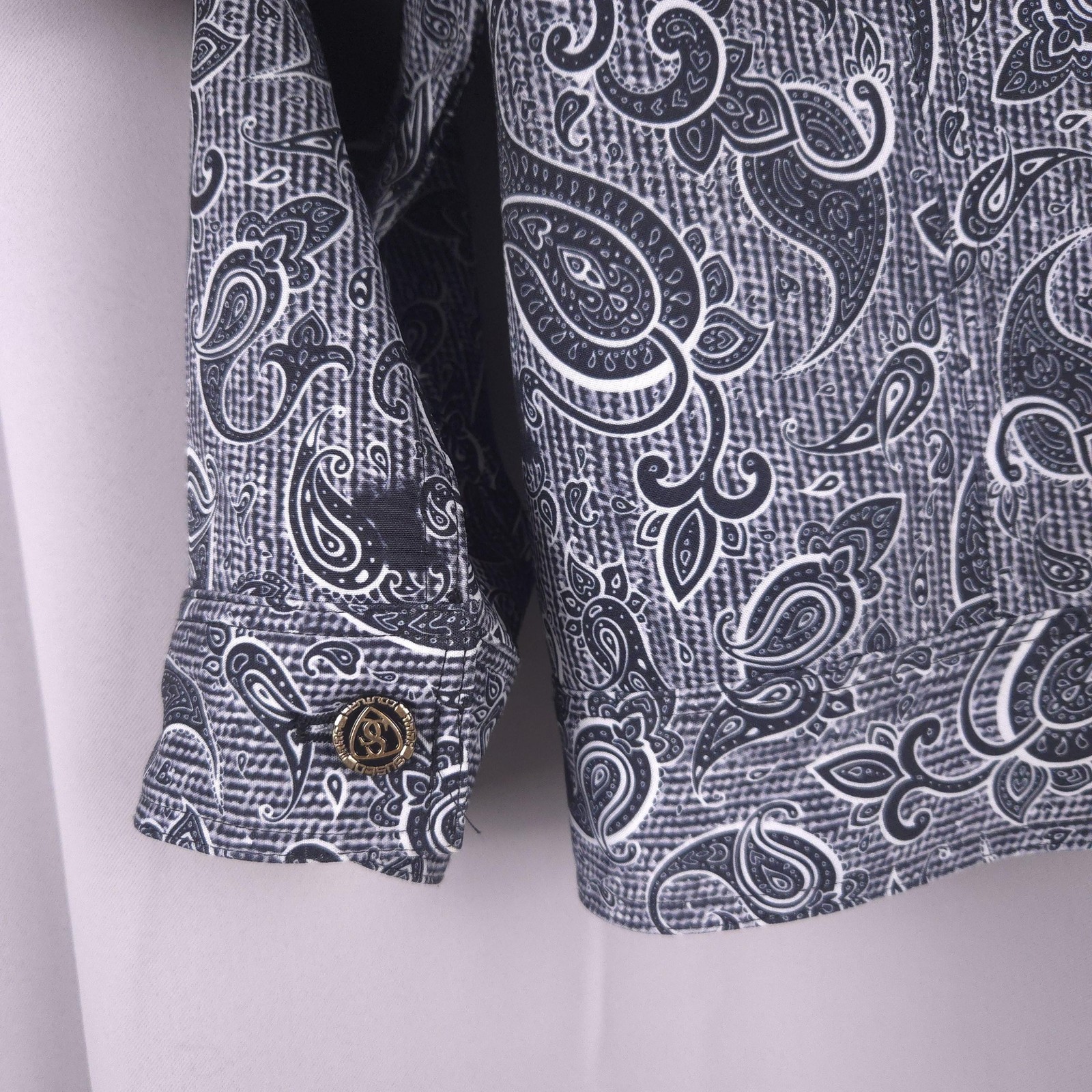 Suslo Couture Jacket Men L Black Paisley Utility Field Coat Elbow Pads Statement