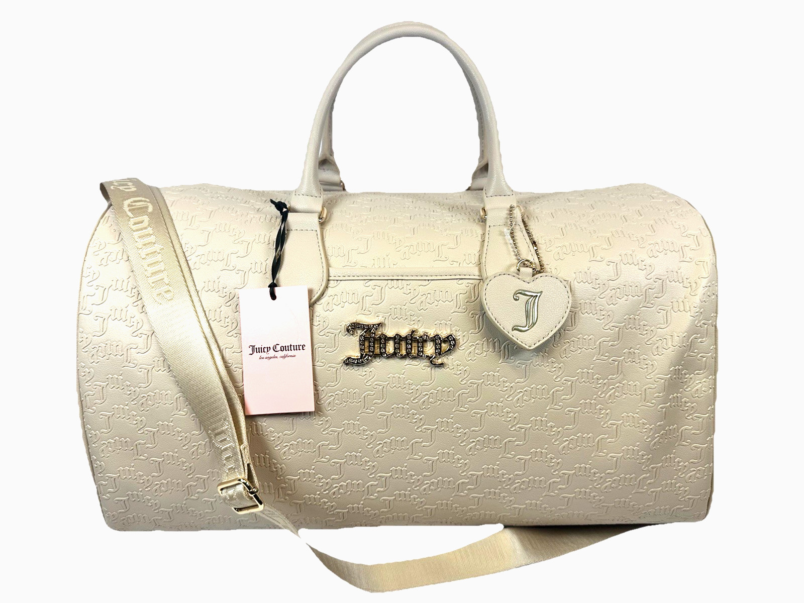 Juicy Couture Cream Embossed Monogram Duffle Bag Rhinestone J Charm NWT