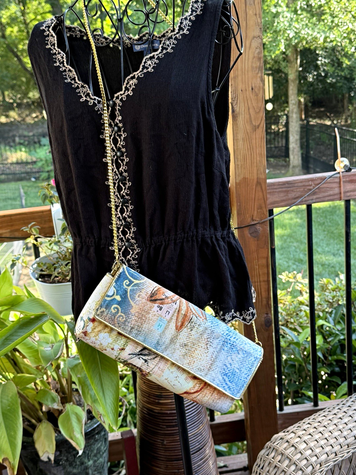 J. Renee Multicolor Floral Crossbody Flap Clutch Snap Close Gold Chain Strap