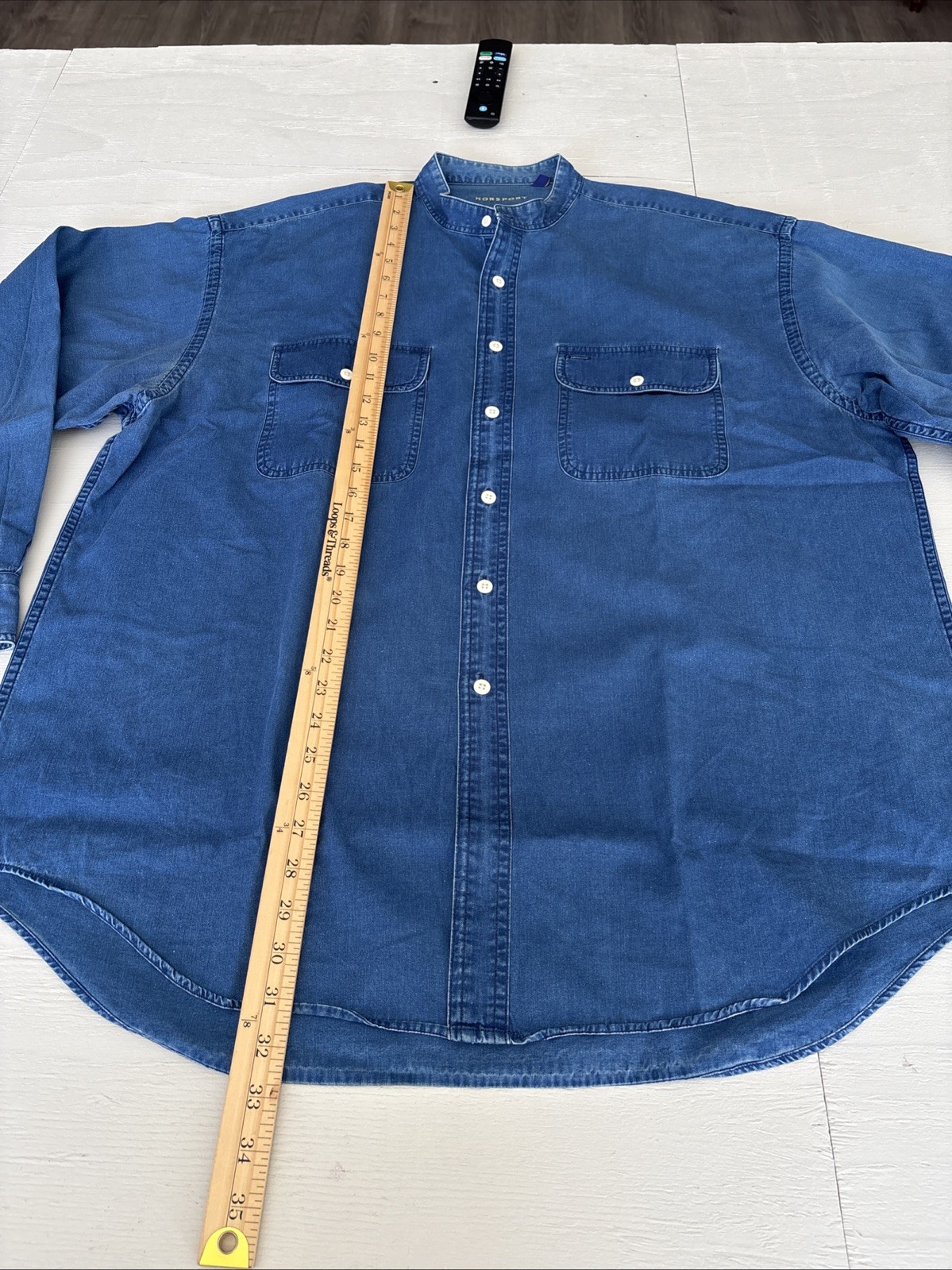 Norsport Men’s Band Collar Blue Denim Cotton Shirt Sz XL