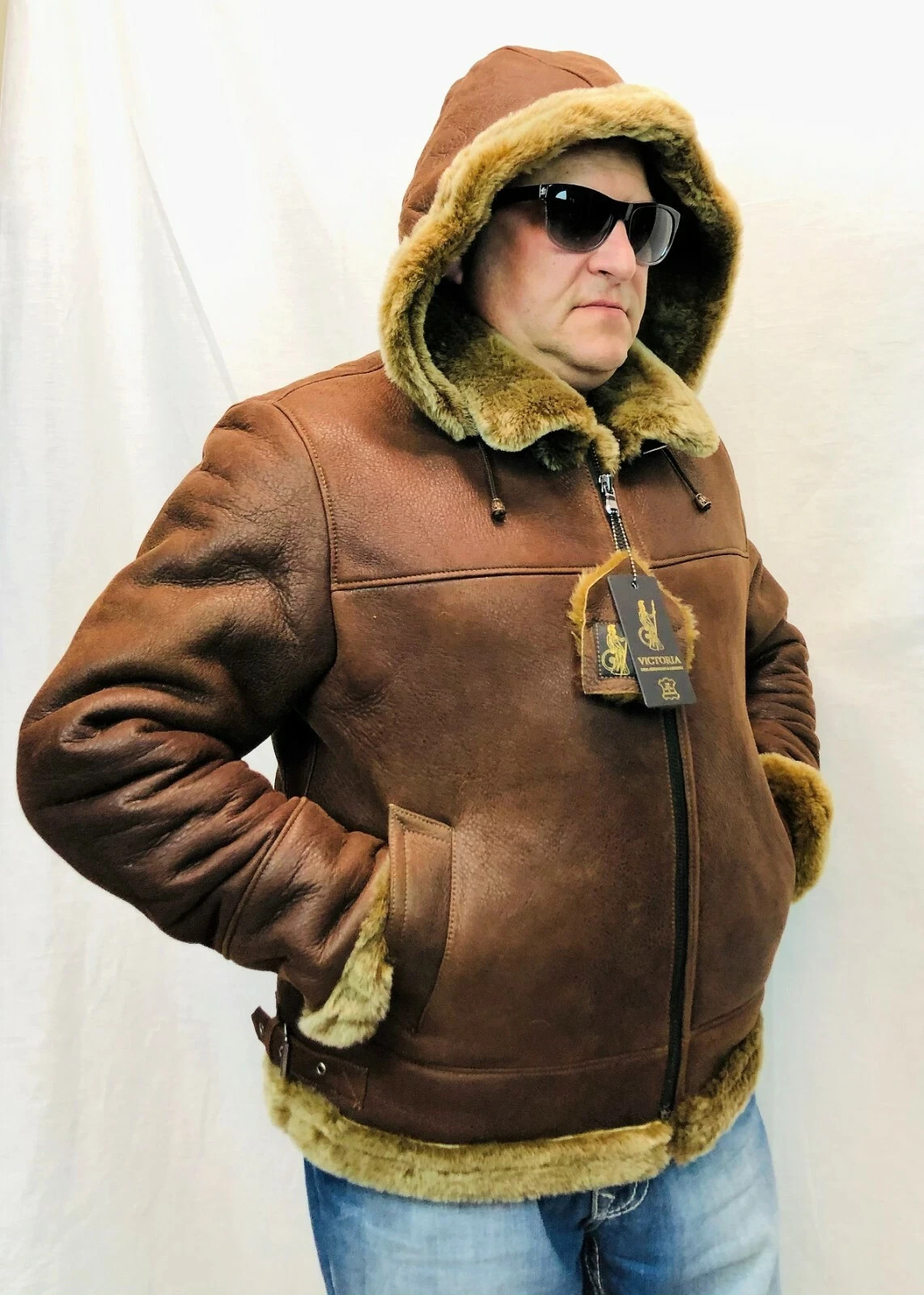Men’s Genuine Whiskey Sheepskin Shearling Leather Bomber B3 Pilot Coat Jacket