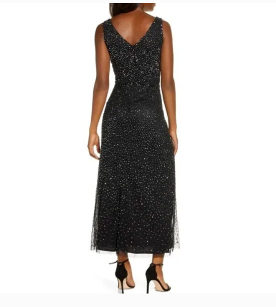 PISARRO NIGHTS Navy Copper Sequin Beaded Double V-Neck A-Line Maxi Gown Dress 14