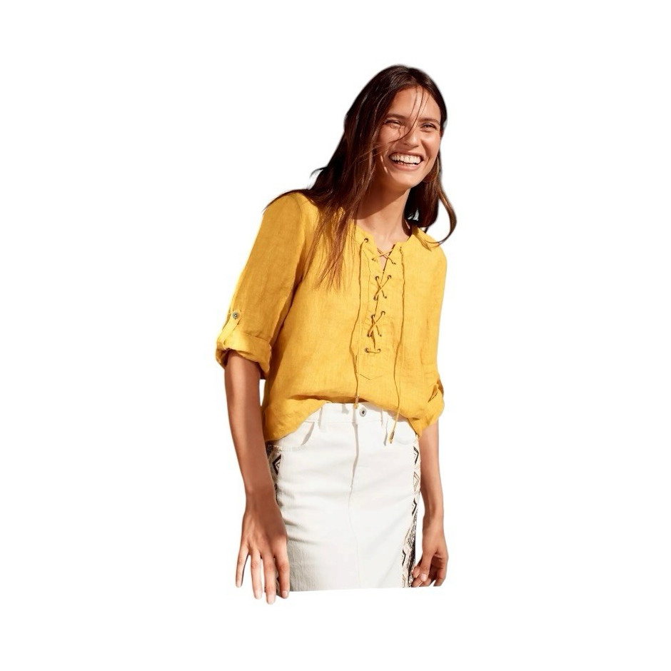 Maeve 4 Yellow Solid Woven Linen Lace-Up V-Neck Roll Tab 3/4 Tunic Blouse