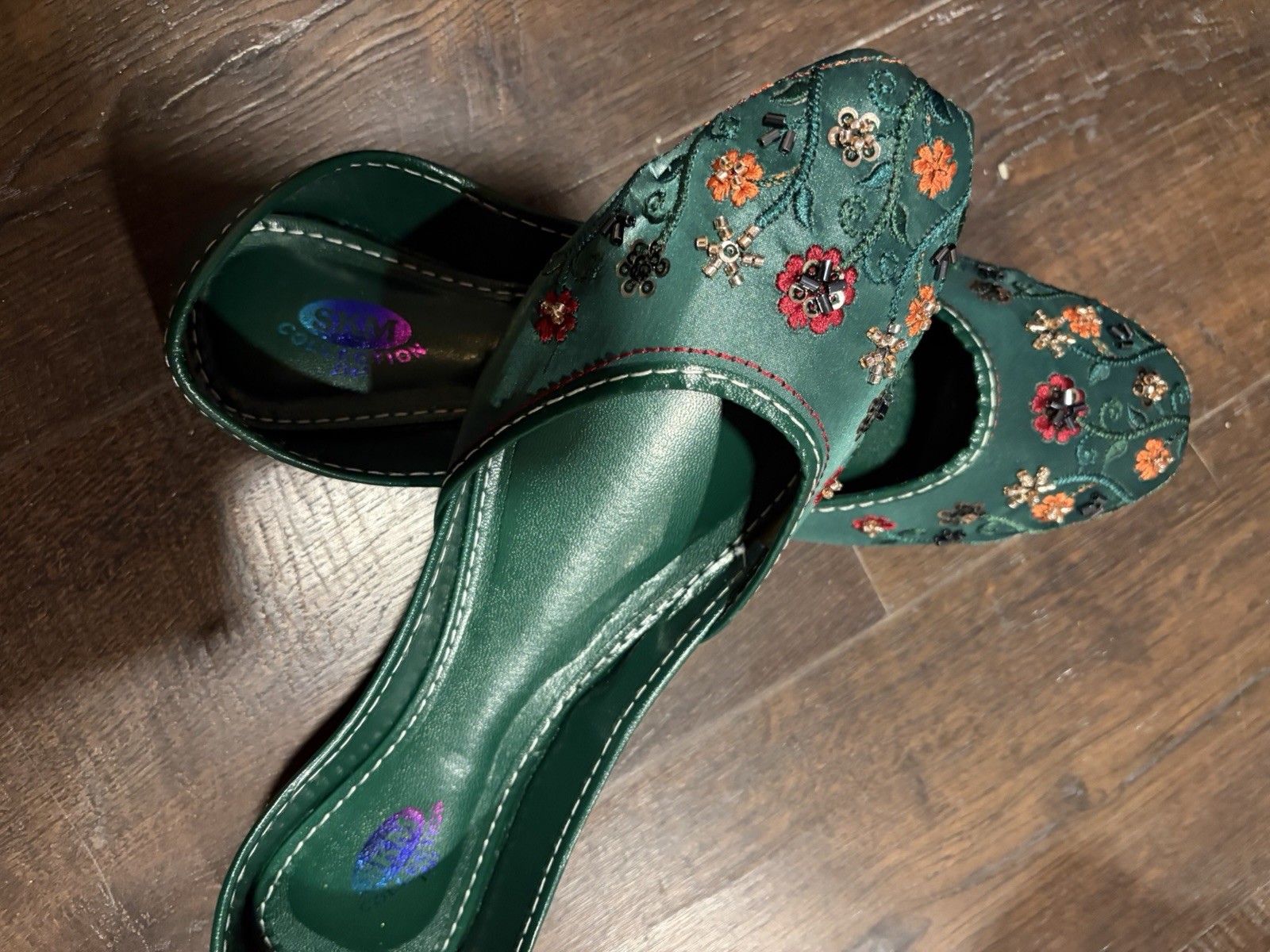 Fancy Embroidery Jutti Khussa Shoes Indian Pakistani Green Womens 7US