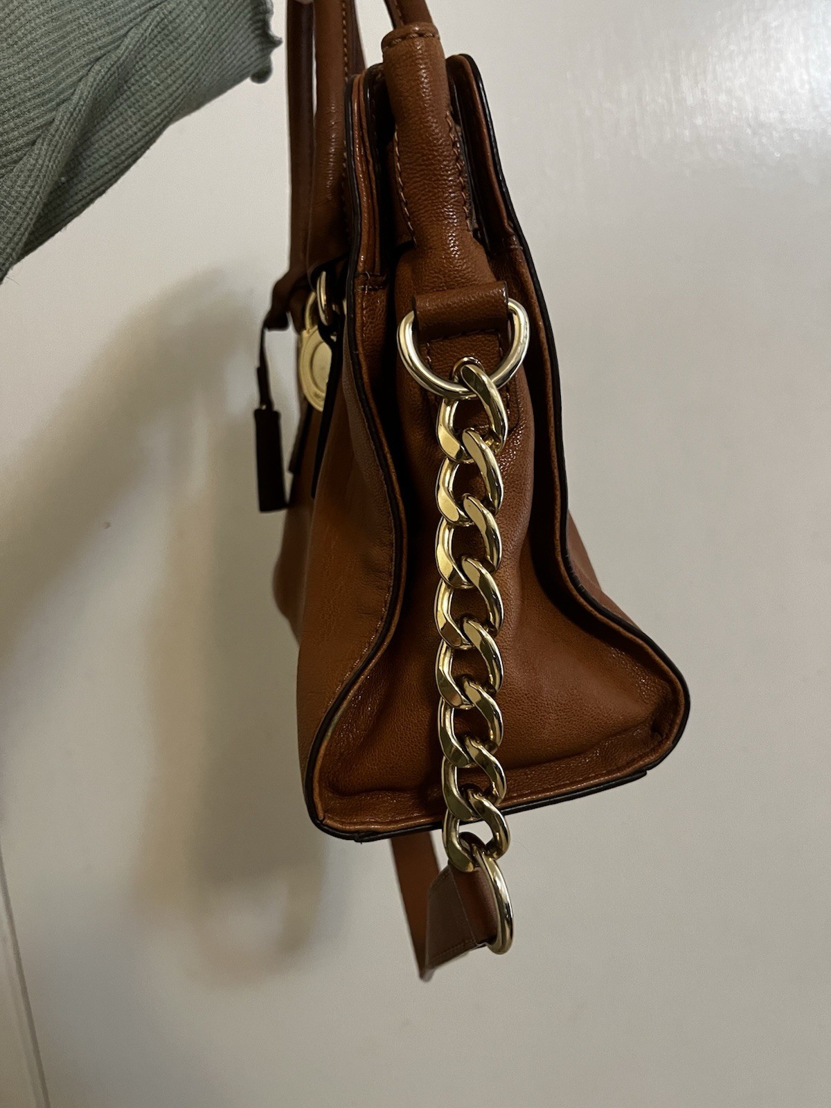 Michael Kors Brown Pebbled Satchel Top Handle Chain Padlock Snap Gold Hardware
