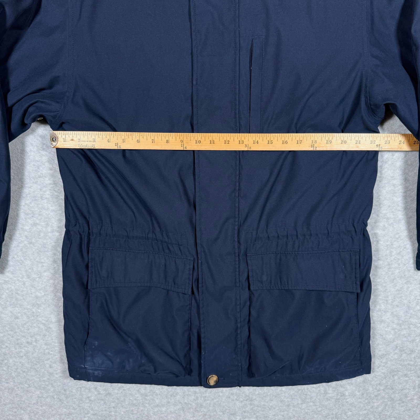 Eddie Bauer Mens Navy Blue Quilted Lined Chore Jacket Leather Collar Medium Y2k