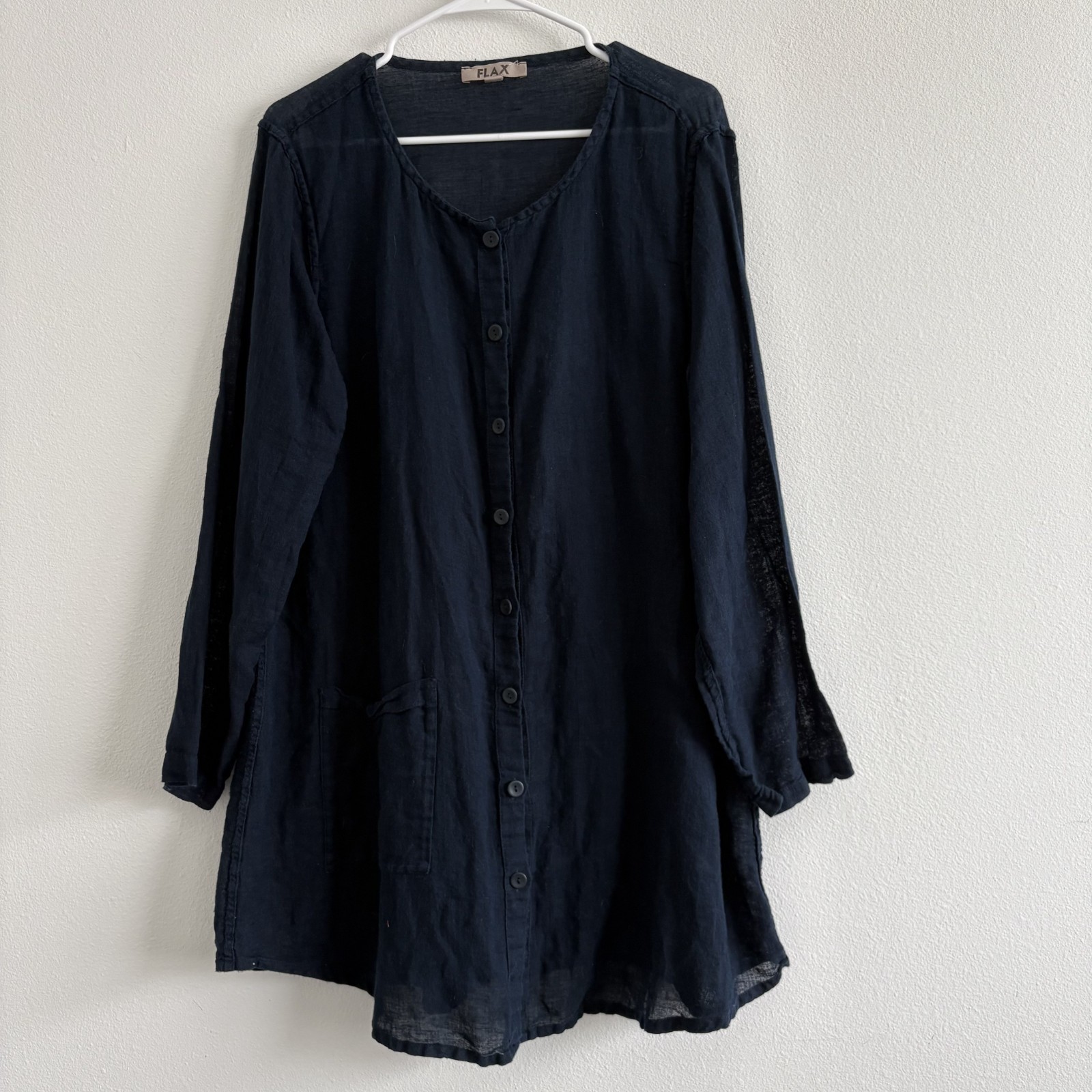 Flax Tunic Womens Medium Blue Linen Blend Full Button Front Lightweight Flowy