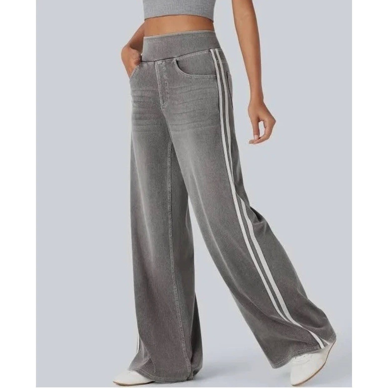 NWOT Halara High Waisted Stripe Wide Leg Jeans – Gray – Large