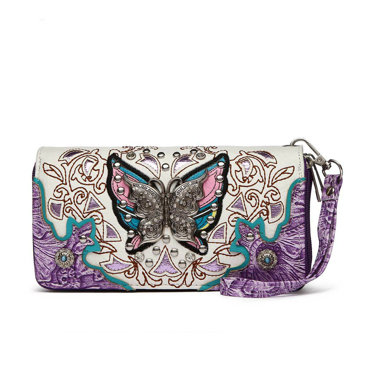 Butterfly Handbag Western Purse Women Shoulder Bag Crossbody Wallet Set Purple