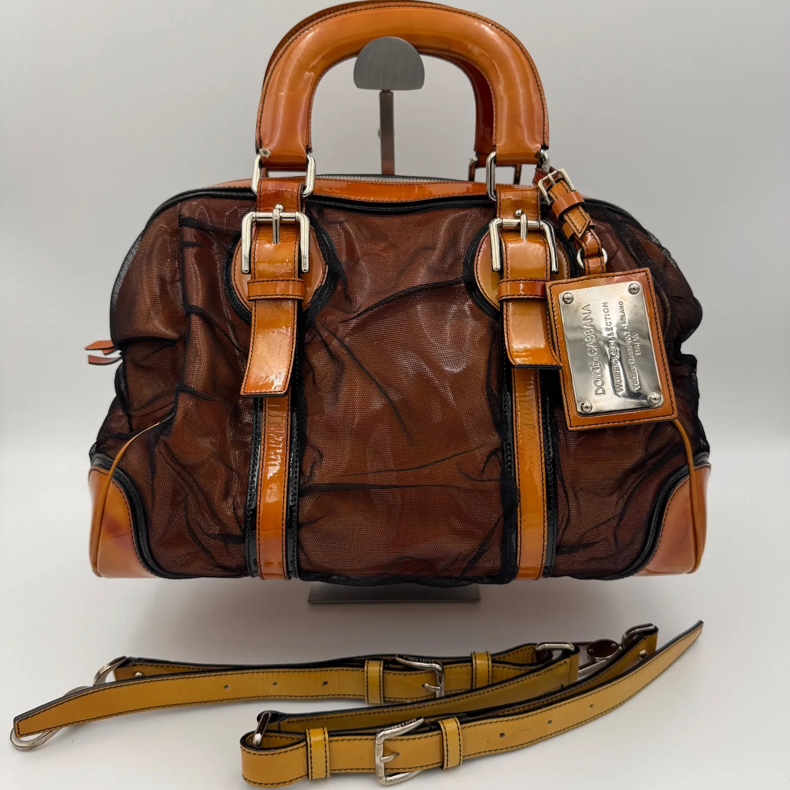Dolce & Gabbana Patent Leather Boston Bag Orange Yellow 2Way 13.7×8.6×7.08 in
