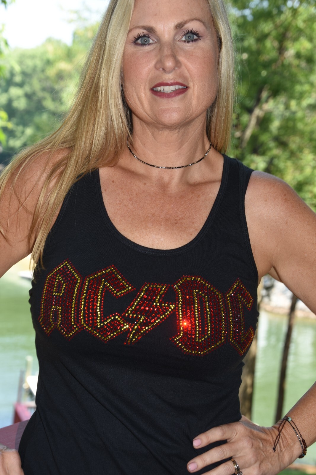 AC/DC rhinestone racer back tank top XS, S, M, L, XL, 2XL red yellow