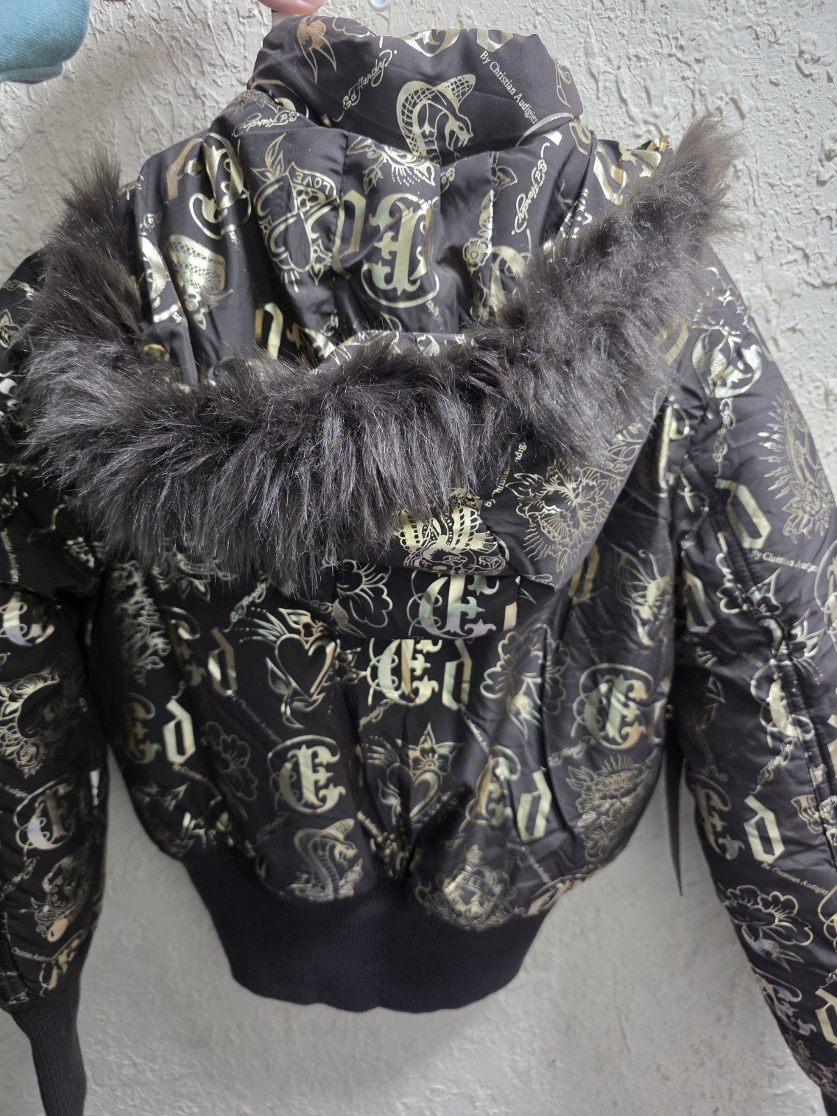Ed Hardy Brown/Gold Hooded Bomber Jacket Skull Graphic Fur Trim Zip XS