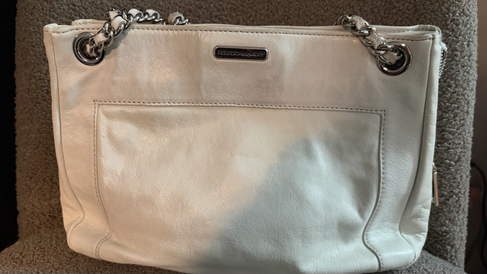 Rebecca Minkoff White Shoulder Bag Zip Closure Chain Strap Silver Hardware