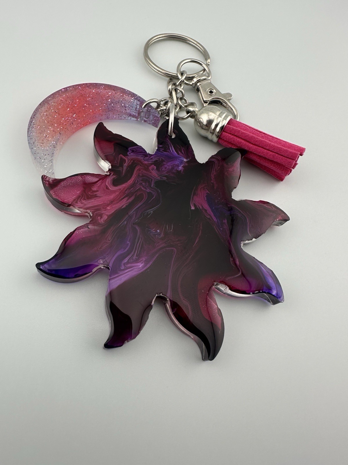 Handmade Purple Galaxy Resin Sun & Moon Keychain Tassel Celestial Bag Charm