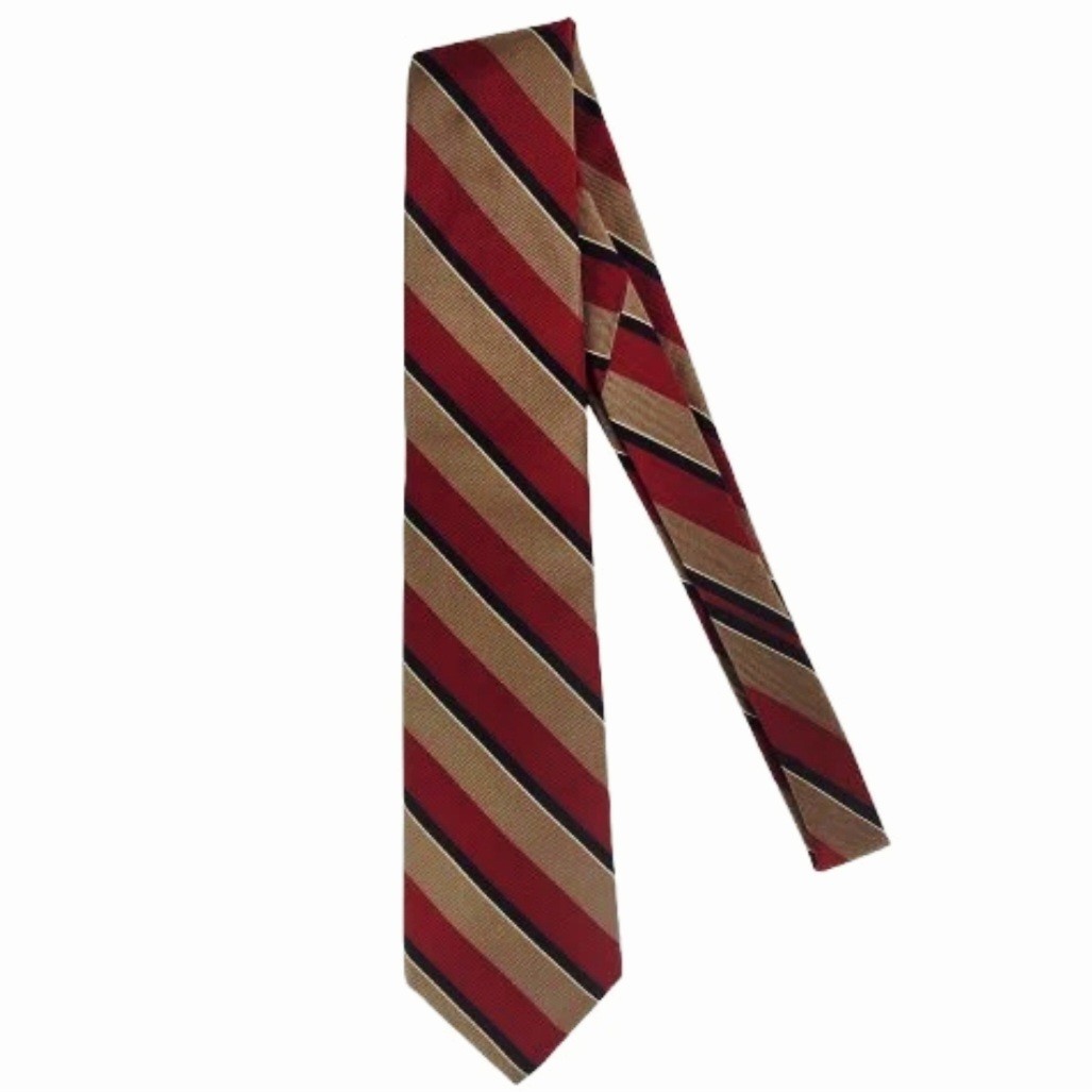 Vtg. Club Shop/Jack Henry 100% Silk Red Tan Thin Black Classic Stripe Tie