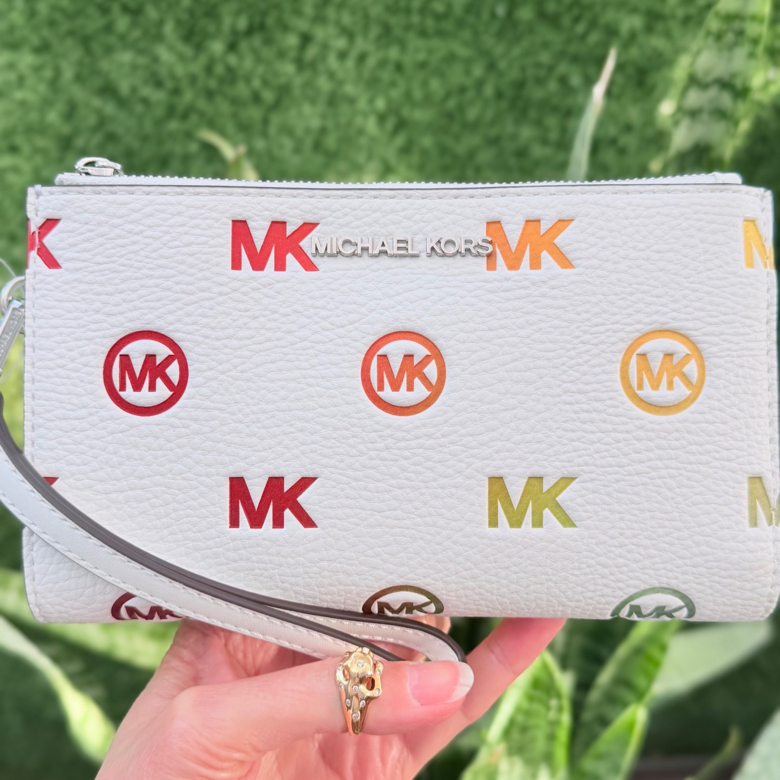 Michael Kors Jet Set Travel Double Zip Wristlet Wallet MK Rainbow Optic White